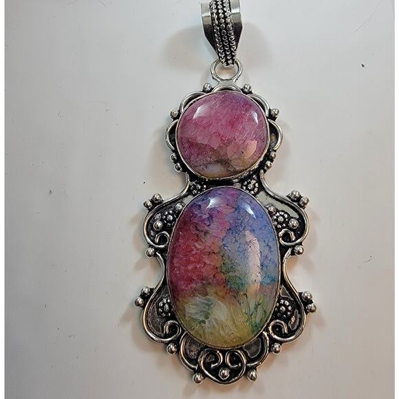 Necklace Pendants Rainbow Calsilica Double Gem in Ornate Sterling Silver Setting - Picture 3 of 10